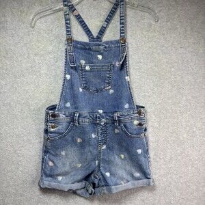 Cat & Jack Overalls Girls L 10/12 Heart Print Blue Jean Denim Paint Stamp Artsy